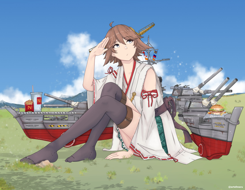 1girl, absurdres, anti-aircraft, anti-aircraft_gun, bananamaru, bare_shoulders, black_thighhighs, brown_hair