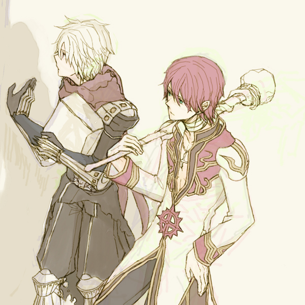2boys, armor, assassin_cross_(ragnarok_online), bag, black_cape, black_pants, black_shirt, blue_eyes