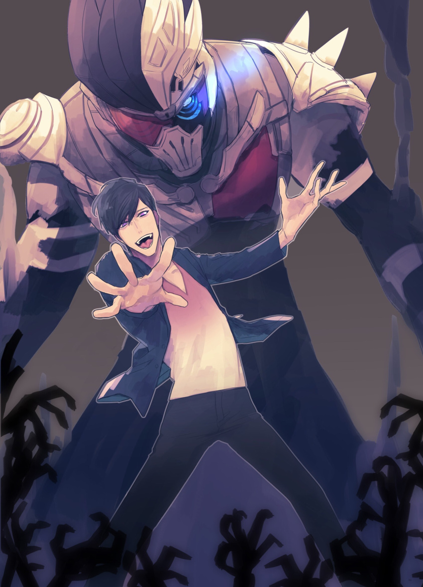 2boys, asymmetrical_armor, black_bodysuit, black_hair, bodysuit, dan_kuroto, dangerous_zombie_level_x, dual_persona