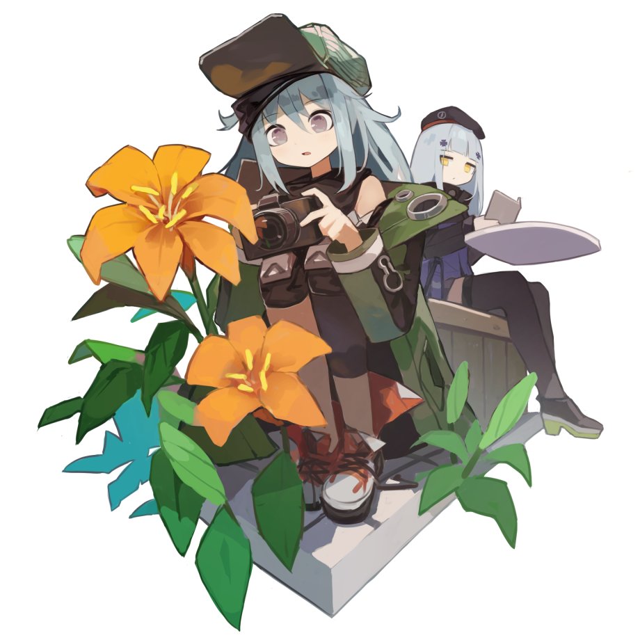2girls, beret, blue_hair, book, camera, commentary_request, flower, full_body