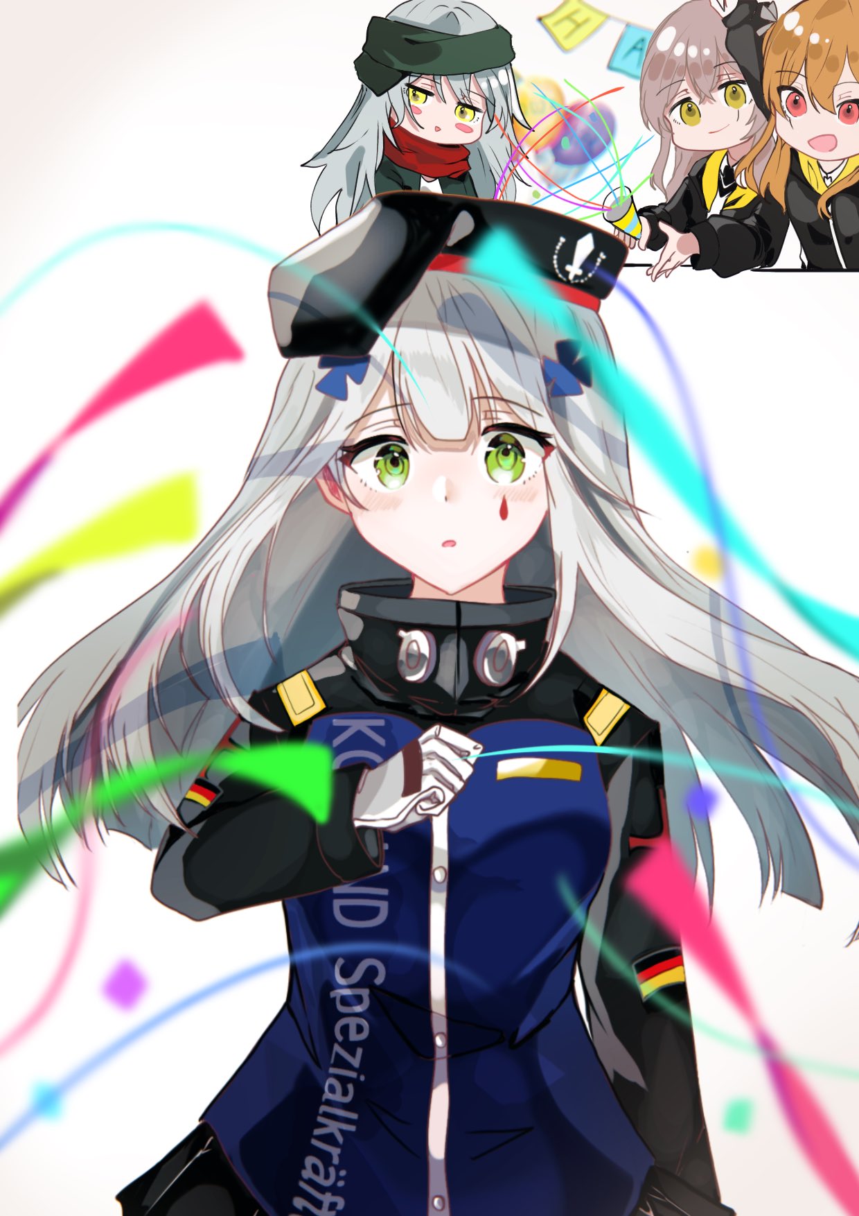 416_day, 4girls, beret, chibi, chibi_inset, commentary_request, confetti, facial_mark