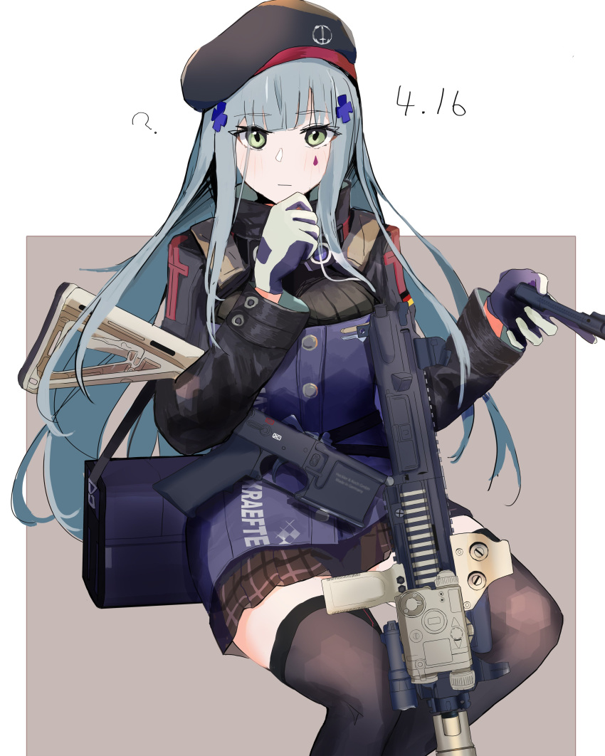 1girl, 416_day, ?, absurdres, assault_rifle, beret, black_headwear, blush