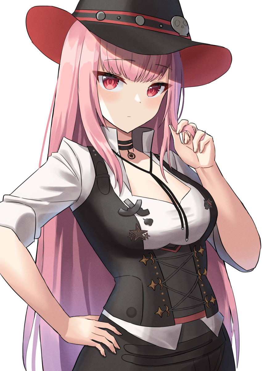 1girl, black_choker, black_headwear, black_shorts, bodice, choker, collared_shirt, cowboy_western