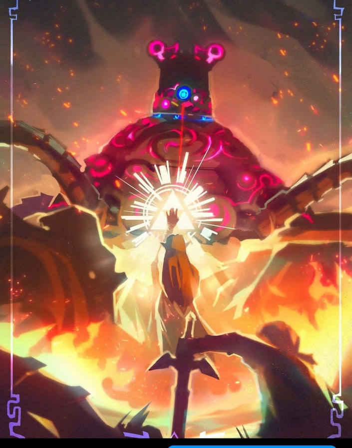 1boy, 1girl, dress, embers, fire, from_behind, glowing, guardian_(breath_of_the_wild)