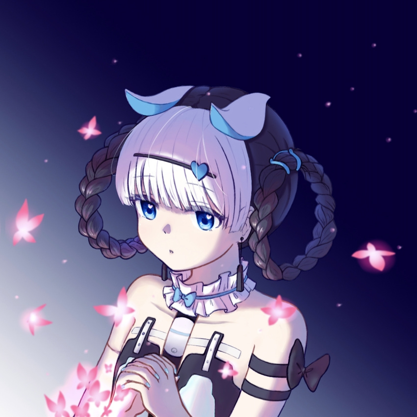 1girl, black_hair, blue_eyes, bombinata_(punishing:_gray_raven), braid, bug, butterfly, hair_ornament