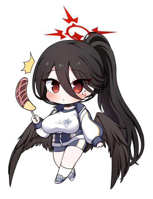 angel_wings, black_hair, black_wings, blue_archive, breasts, gym_shirt, gym_shorts, gym_uniform