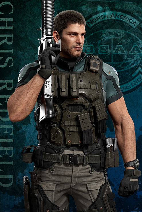 1boy, arm_hair, assault_rifle, belt, black_gloves, black_hair, brown_pants, bulletproof_vest, chris_redfield, clenched_hand, closed_mouth, gloves, green_background, green_shirt, green_sleeves, gun, holding, holding_weapon, holster, male_focus, muscular, official_art, pants, resident_evil, resident_evil:_death_island, rifle, shirt, short_hair, short_sleeves, simple_background, solo, standing, thigh_holster, weapon