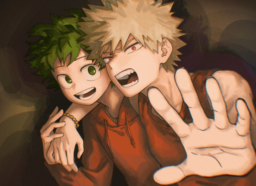 2boys, :d, alternate_costume, arm_around_shoulder, bakugou_katsuki, bare_arms, bare_shoulders, blonde_hair
