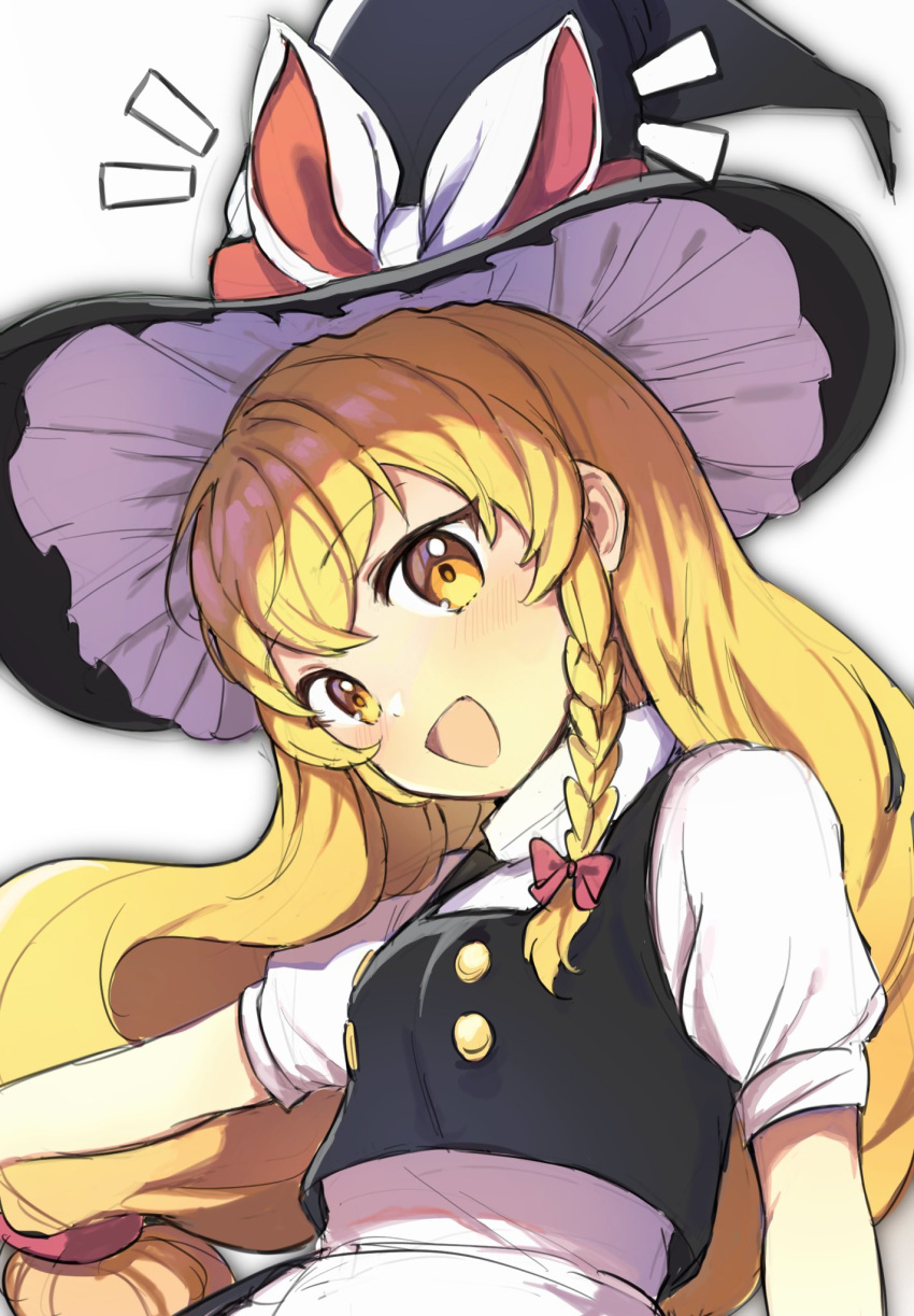 1girl, black_headwear, black_vest, blonde_hair, blush, braid, hair_between_eyes, hat, highres, kirisame_marisa, long_hair, open_mouth, petticoat, shirt, short_sleeves, simple_background, single_braid, smile, solo, sweetpotatojelly, touhou, unfinished_dream_of_all_living_ghost, upper_body, vest, white_background, white_shirt, witch_hat, yellow_eyes