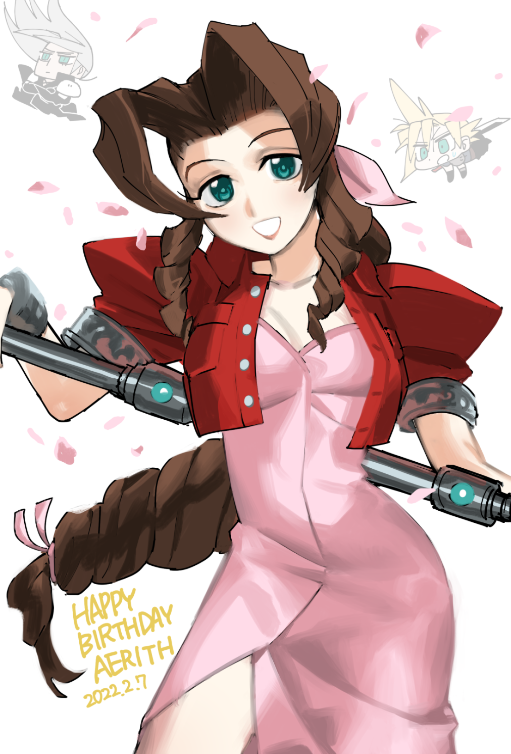 1girl, 2boys, aerith_gainsborough, armor, black_coat, black_gloves, black_pants, blonde_hair