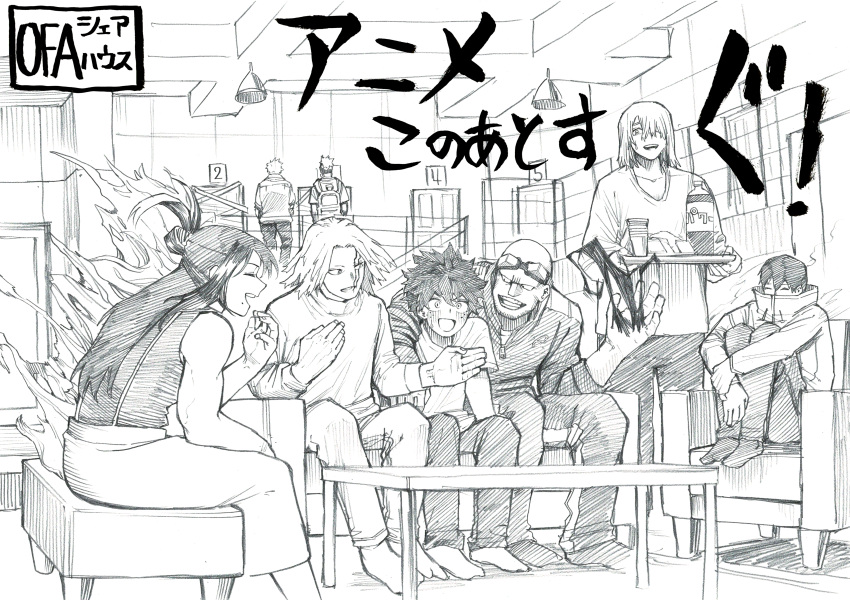 1girl, 6+boys, ^_^, absurdres, all_might, alternate_costume, arm_around_shoulder, armchair, arms_at_sides, backpack, bag, bald, bare_arms, bare_shoulders, black_whip_(boku_no_hero_academia), blush, boku_no_hero_academia, bright_pupils, casual, chair, closed_eyes, clothing_request, collarbone, commentary_request, couch, covered_mouth, cracked_skin, crosshatching, cup, door, drawstring, drink, elbow_on_knee, en_(boku_no_hero_academia), facial_hair, feet_on_chair, fingernails, folded_hair, food, freckles, goggles, goggles_on_head, graphite_(medium), greyscale, hair_between_eyes, hair_bun, hair_over_one_eye, half_updo, hand_on_own_chest, hands_up, hanging_light, happy, hatching_(texture), highres, holding, holding_own_arm, holding_tray, hugging_own_legs, indoors, knees_to_chest, knees_up, koba_ayu038, lariat_(boku_no_hero_academia), leaning_forward, living_room, long_hair, long_sleeves, looking_at_another, looking_to_the_side, medium_hair, midoriya_izuku, mole, mole_under_mouth, monochrome, multiple_boys, no_eyebrows, on_couch, open_mouth, pants, parted_bangs, plank, ponytail, profile, railing, shigaraki_yoichi, shimura_nana, shinomori_hikage, shirt, short_eyebrows, short_hair, short_sleeves, sidelocks, sign, single_vertical_stripe, sleeveless, sleeves_past_elbows, socks, spiky_hair, split_mouth, spoilers, stack, standing, straight_hair, stubble, suspenders, sweatdrop, t-shirt, table, tank_top, teeth, tendril, text_focus, traditional_media, tray, unzipped, upper_teeth_only, v-shaped_eyebrows, yagi_toshinori
