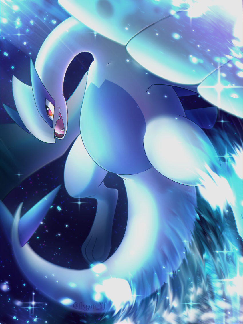 absurdres, blurry, commentary, fangs, happy, highres, looking_down, lugia, no_humans, open_mouth, pokemon, pokemon_(creature), smile, solo, sparkle, tongue, watermark, yujyu