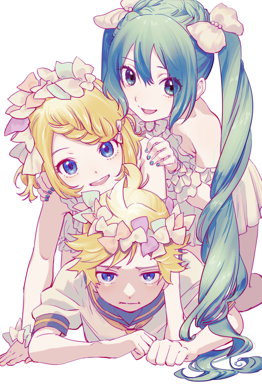 1boy, 2girls, :i, ahoge, annoyed, aqua_eyes, aqua_hair, bare_arms