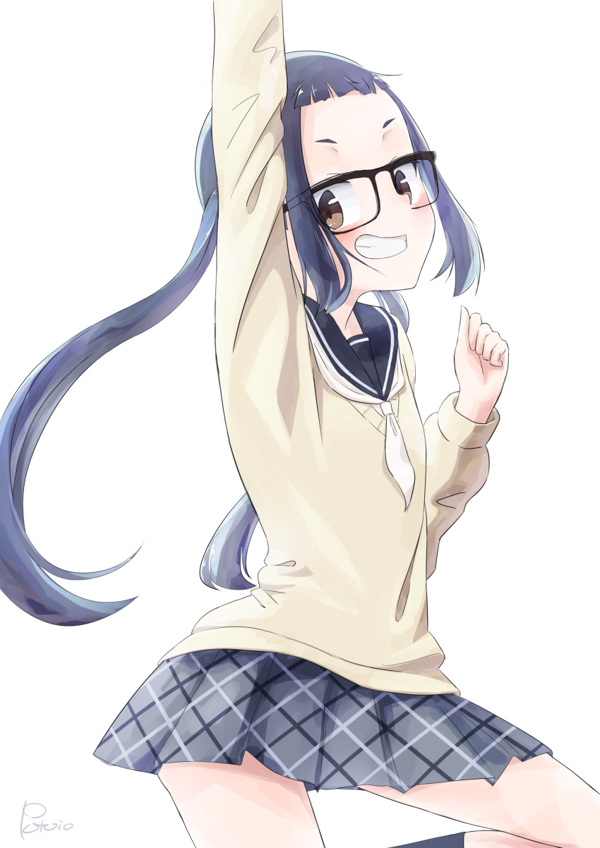 1girl, absurdres, arm_up, brown_eyes, glasses, grin, highres, long_hair