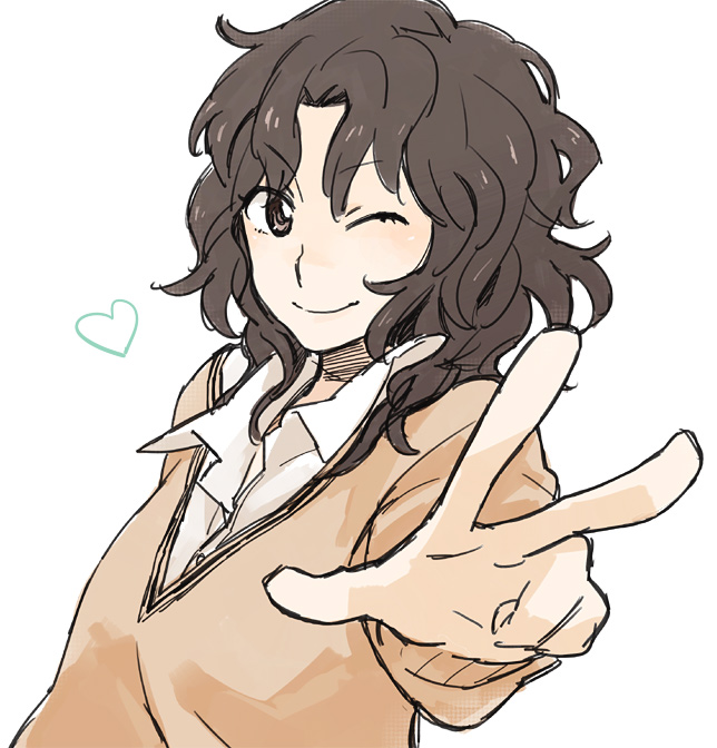 1girl, ;), amagami, black_eyes, black_hair, face, foreshortening, hands