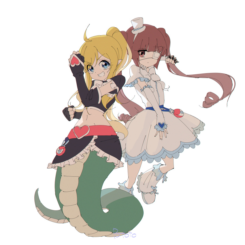 2girls, ahoge, blue_eyes, brass_knuckles, brown_eyes, brown_hair, cosplay, cure_black