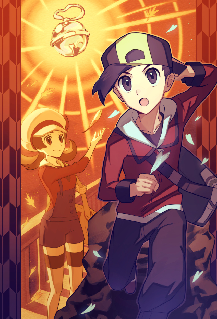 1boy, 1girl, :o, backpack, backwards_hat, bag, bell, brown_hair