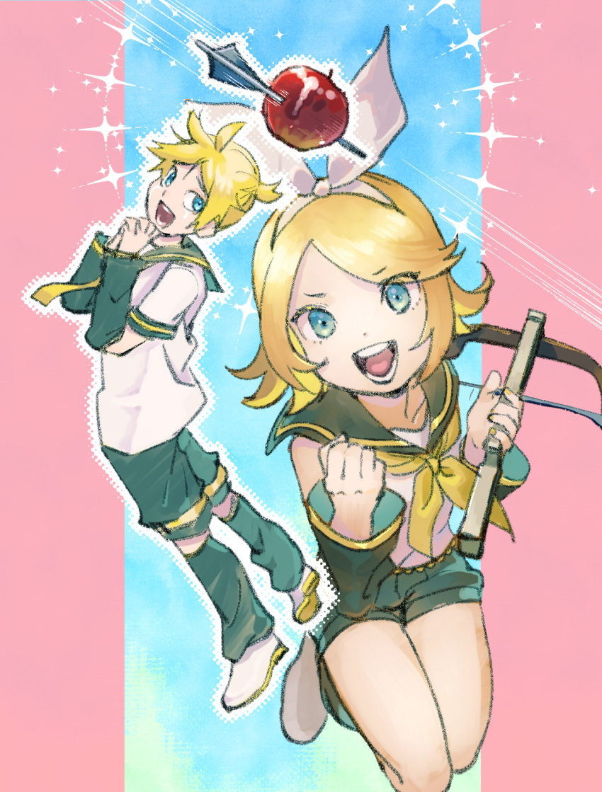 1boy, 1girl, :d, apple, arched_back, arrow_(projectile), blonde_hair, blue_eyes