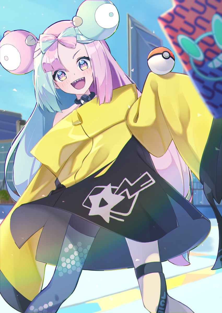 1girl, :d, absurdres, bike_shorts, blush, commentary_request, day, green_hair, grey_pantyhose, hand_up, happy, highres, iono_(pokemon), jacket, legs_apart, long_hair, makasamalove, multicolored_hair, open_mouth, outdoors, pantyhose, pink_hair, poke_ball, poke_ball_(basic), pokemon, pokemon_(game), pokemon_sv, rotom, rotom_phone, single_leg_pantyhose, sky, smile, star_(symbol), star_print, teeth, thigh_strap, tongue, twintails, two-tone_hair, upper_teeth_only, yellow_jacket
