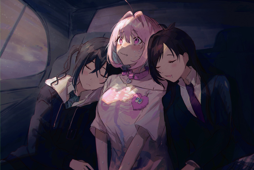 #unicus_(idolmaster), 3girls, absurdres, ahoge, antenna_hair, belt, belt_collar, black_jacket