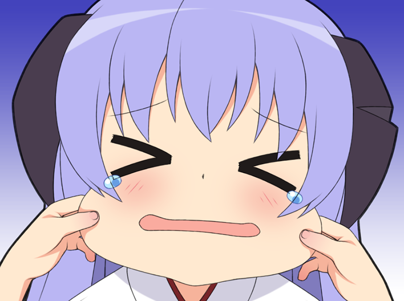 >_<, 1girl, 1other, blue_background, blush, cheek_pull, closed_eyes, commentary_request, facing_viewer, gaou_(babel), gradient_background, hanyuu, higurashi_no_naku_koro_ni, horns, japanese_clothes, kimono, long_hair, open_mouth, portrait, purple_background, purple_hair, tears, white_kimono