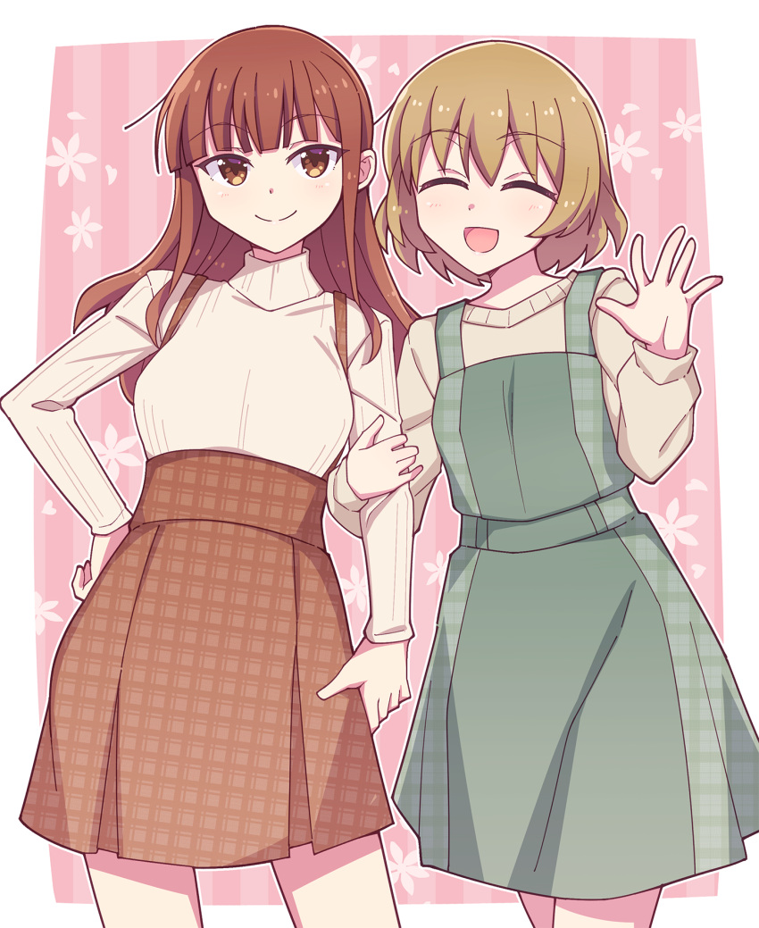 2girls, :d, blonde_hair, blush, bocchi_the_rock!, border, brown_eyes, brown_hair