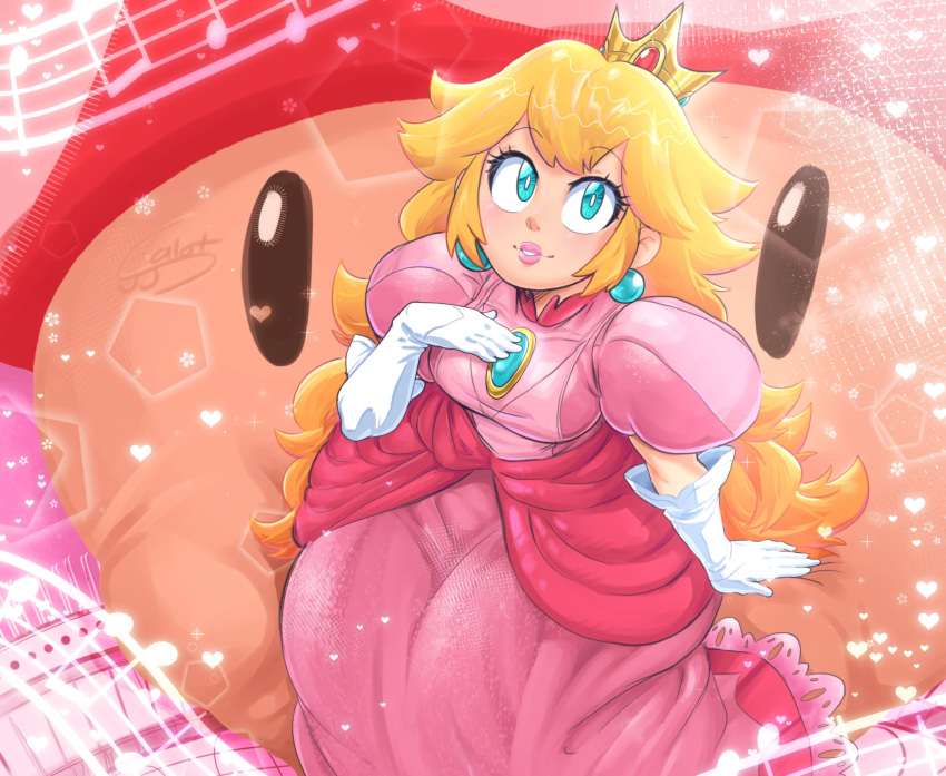 1girl, artist_name, blonde_hair, blue_brooch, blue_eyes, breasts, brooch, crown, dress, elbow_gloves, gloves, hand_on_own_chest, highres, jewelry, jjsucksalot, lipstick, long_hair, makeup, parted_lips, pink_dress, pink_lips, princess_peach, puffy_short_sleeves, puffy_sleeves, short_sleeves, signature, solo, sphere_earrings, super_mario_bros., super_mushroom, the_super_mario_bros._movie