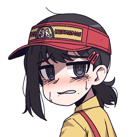 1girl, black_eyes, black_hair, blush, breaking_bad, chainsaw_man, clenched_teeth, commentary, hair_ornament, hairclip, higashiyama_kobeni, karepack, looking_at_viewer, los_pollos_hermanos, low_ponytail, mole, mole_under_eye, mole_under_mouth, multiple_moles, ponytail, red_headwear, shirt, short_ponytail, simple_background, single_sidelock, solo, sweatdrop, symbol-only_commentary, tearing_up, teeth, turning_head, upper_body, visor_cap, white_background, yellow_shirt