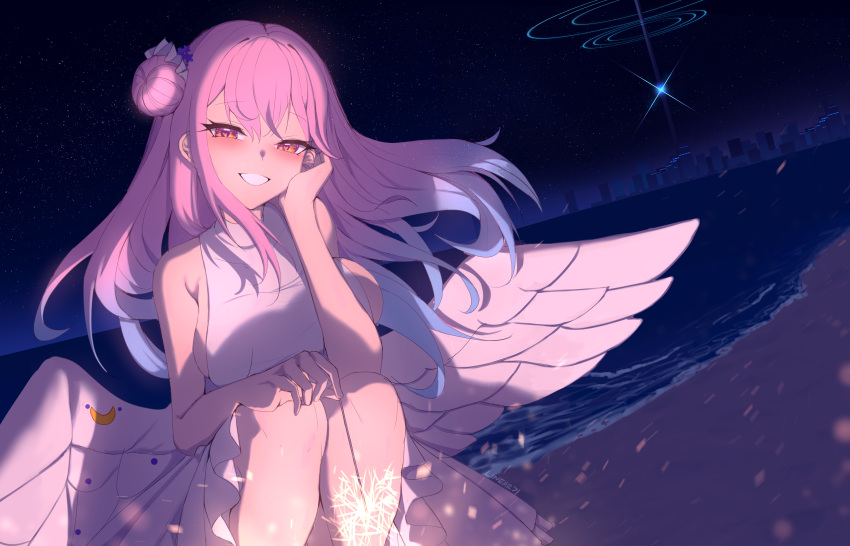 1girl, absurdres, angel_wings, artist_name, bare_arms, bare_shoulders, beach, blue_archive, blush, breasts, commentary, dress, feathered_wings, flower, gradient_hair, hair_bun, hair_flower, hair_ornament, heart, heart_in_eye, highres, holding_fireworks, knees_up, large_breasts, linear_71, long_hair, looking_at_viewer, low_wings, mika_(blue_archive), multicolored_hair, night, orange_eyes, pink_hair, single_side_bun, sitting, sky, sleeveless, sleeveless_dress, smile, solo, star_(sky), starry_sky, symbol_in_eye, teeth, underbust, white_dress, white_wings, wing_ornament, wings