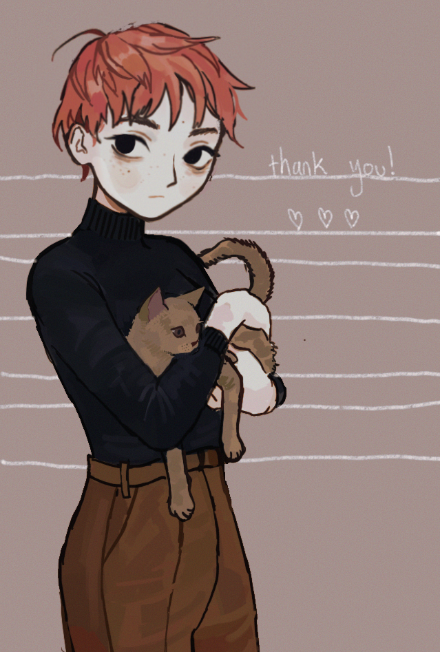 1girl, animal, bags_under_eyes, black_eyes, black_sweater, brown_cat, brown_pants, cat