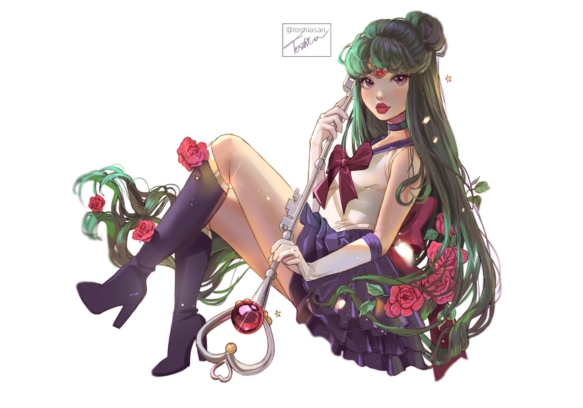 1girl, back_bow, bishoujo_senshi_sailor_moon, black_choker, blue_skirt, boots, bow, choker