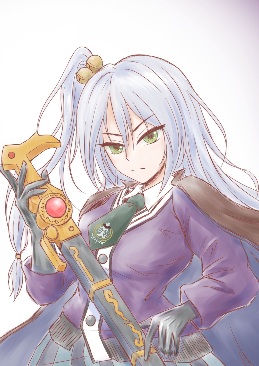 1girl, aqua_skirt, assault_lily, bell, black_cape, black_gloves, black_skirt, blue_cape, buttons, cape, cardigan, closed_mouth, collared_shirt, commentary_request, cowboy_shot, elbow_gloves, emblem, gloves, gradient_background, green_eyes, green_necktie, grey_hair, hair_between_eyes, hand_up, hidai_miyazu, highres, holding, holding_sword, holding_weapon, jingle_bell, long_hair, long_sleeves, looking_at_viewer, necktie, one_side_up, purple_background, purple_cardigan, scabbard, school_uniform, sheath, sheathed, shirt, short_necktie, skirt, solo, standing, striped, striped_skirt, sword, two-sided_cape, two-sided_fabric, two-tone_skirt, v-shaped_eyebrows, vertical-striped_skirt, vertical_stripes, weapon, white_background, white_shirt, yajiuma_no_jesse