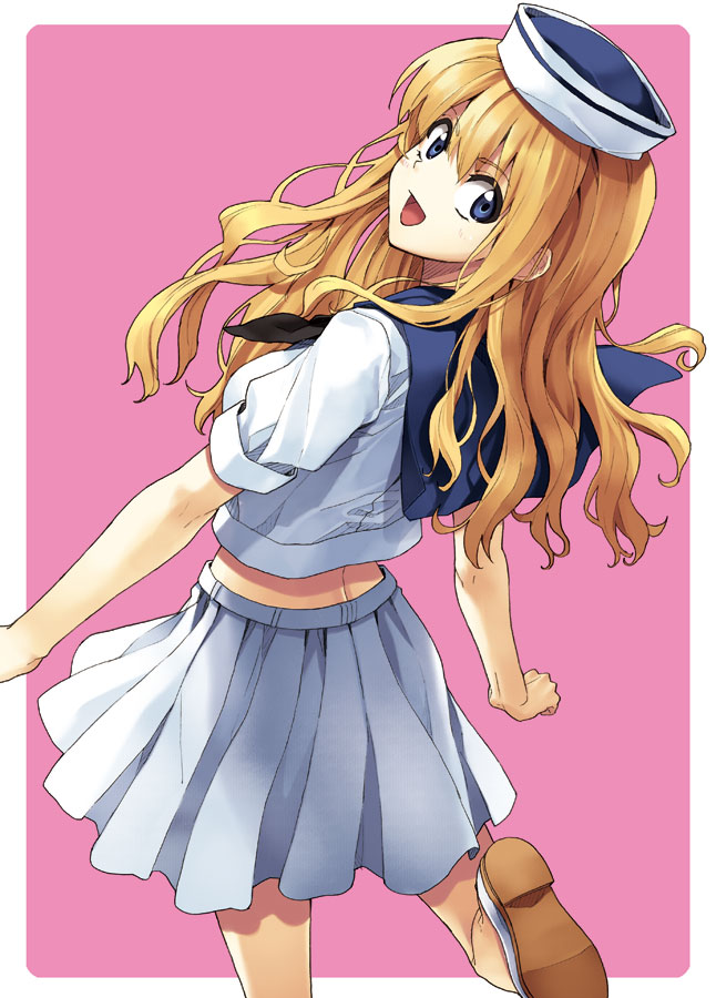 blue_eyes, from_behind, happy, hat, looking_back, original, pleated_skirt, runa