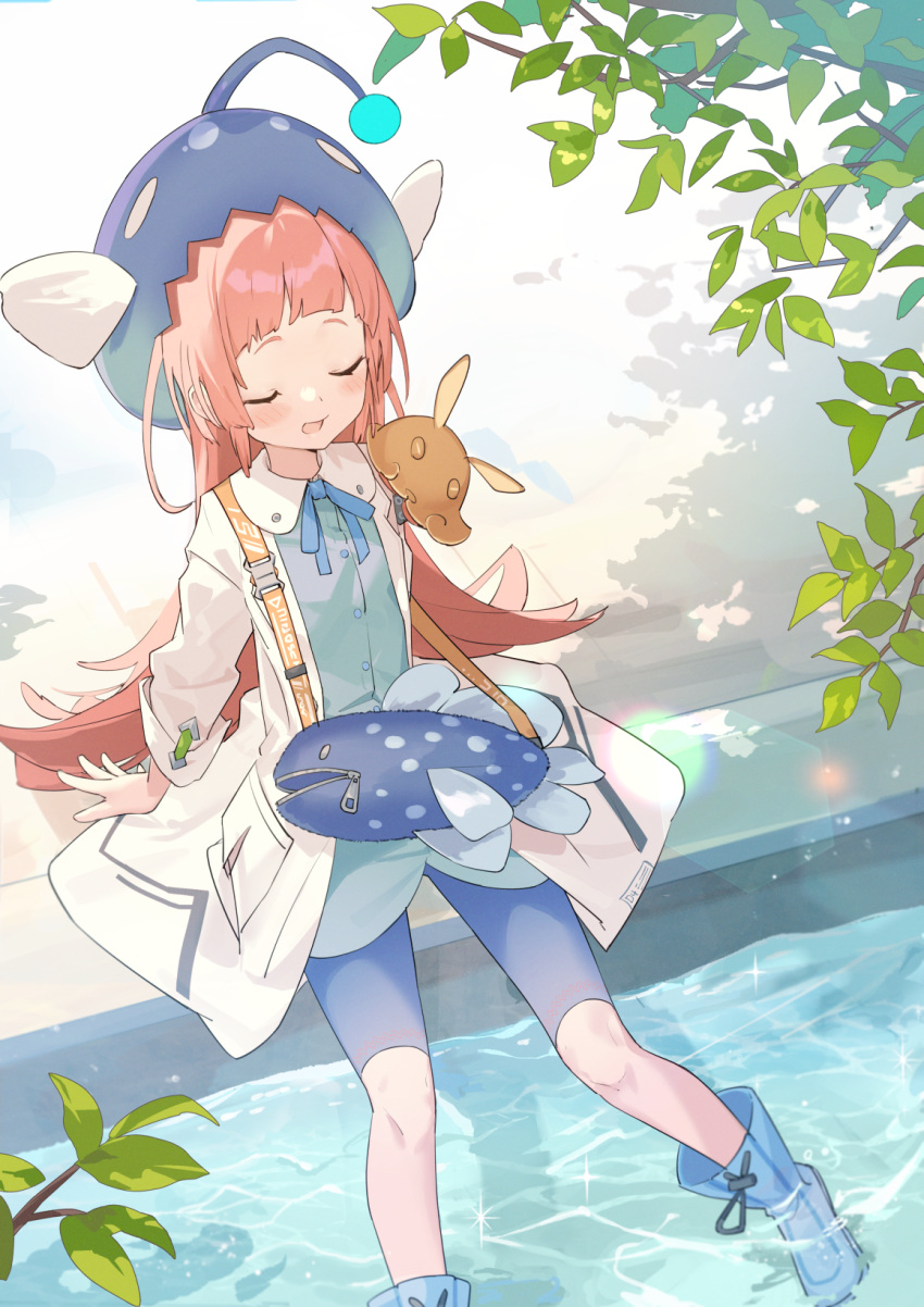 1girl, bag, blue_bow, blue_bowtie, boots, bow, bowtie, closed_eyes