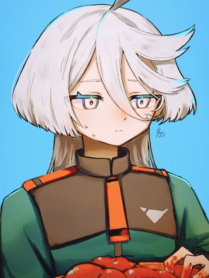 1girl, ahoge, asticassia_school_uniform, blue_background, closed_mouth, green_jacket, grey_eyes, grey_hair