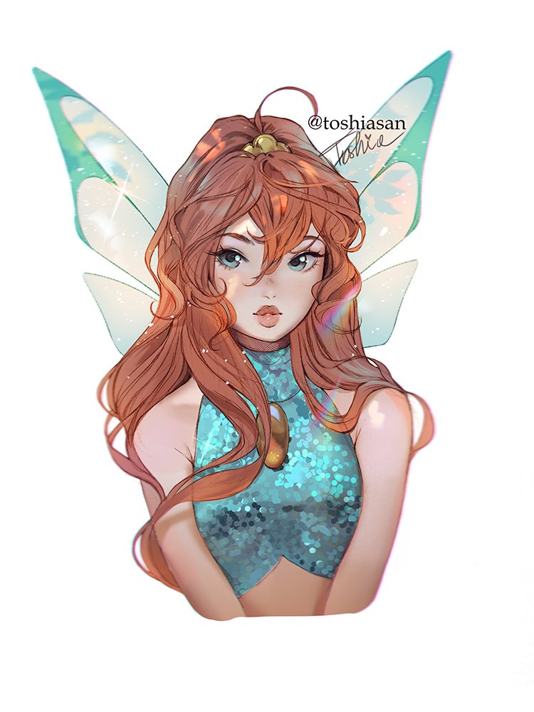 1girl, aqua_shirt, aqua_wings, bare_shoulders, bloom_(winx_club), blue_eyes, fairy, fairy_wings