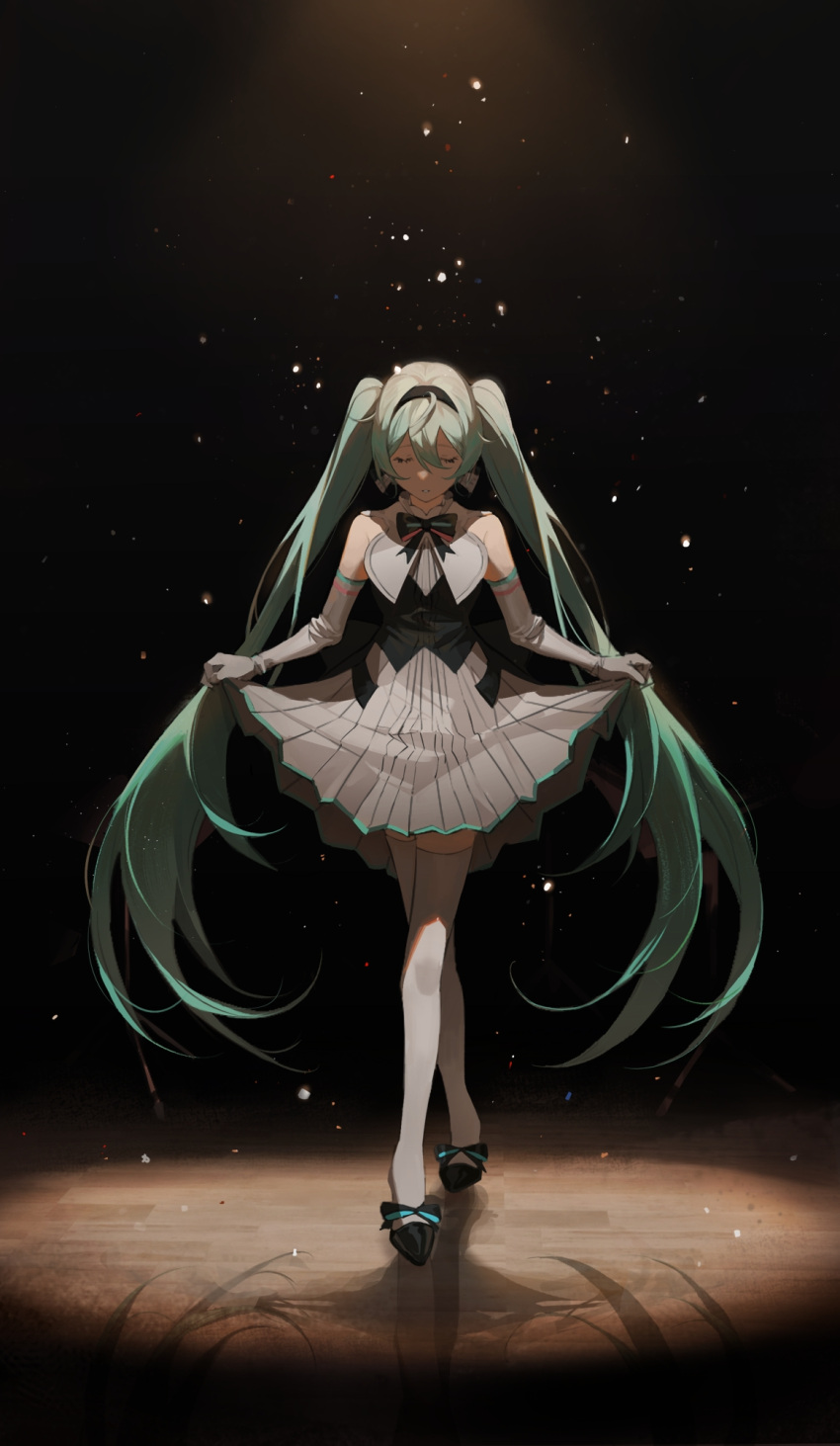 1girl, aqua_hair, black_bow, black_footwear, black_hairband, bow, bowing, commentary, dress, elbow_gloves, english_commentary, gloves, hair_between_eyes, hairband, hatsune_miku, high_heels, highres, long_hair, miku_symphony_(vocaloid), one_eye_closed, pleated_dress, reflection, reflective_floor, solo, thigh-highs, twintails, very_long_hair, vocaloid, white_dress, white_gloves, white_thighhighs, wooden_floor, yoru_yoru13