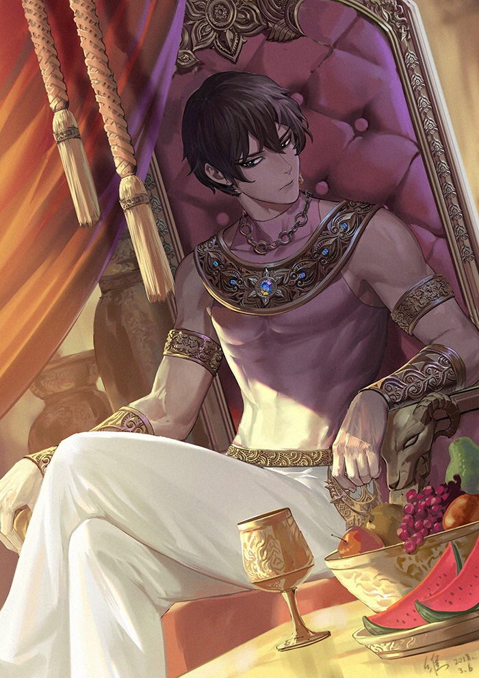 1boy, abs, arjuna_(fate), bare_arms, black_eyes, black_hair, closed_mouth, cup