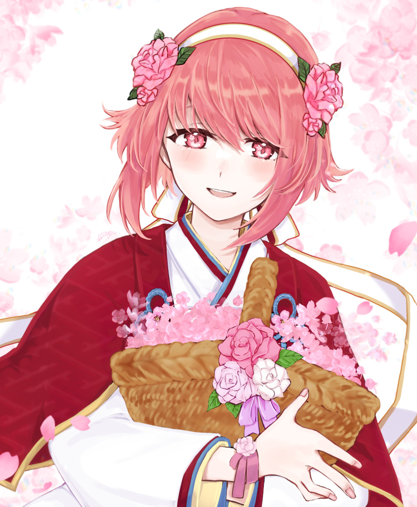 1girl, basket, capelet, cherry_blossoms, fire_emblem, fire_emblem_heroes, flower, flower_bracelet