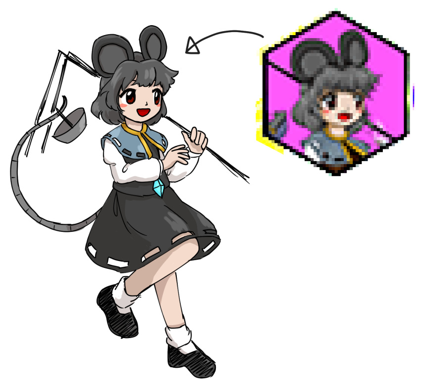 animal_ears, basket, black_footwear, black_vest, blue_capelet, capelet, commentary_request, dowsing_rod