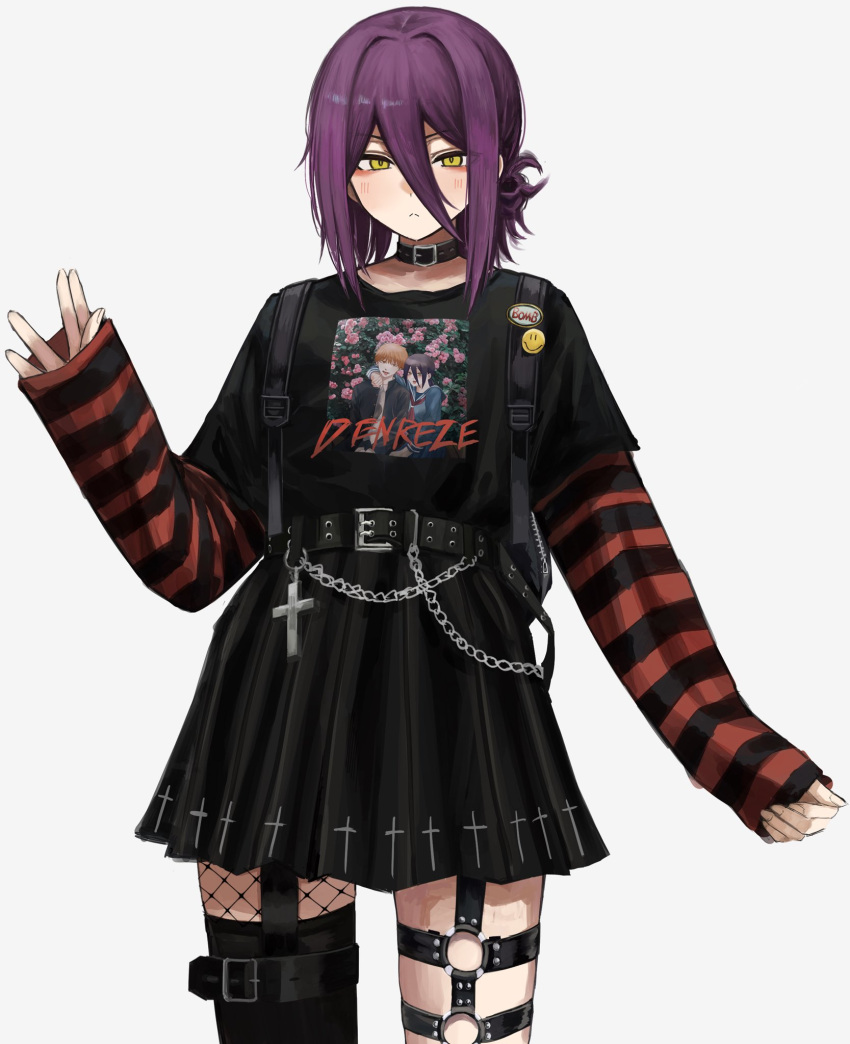 1girl, :<, backpack, bag, black_bag, black_choker, black_shirt, black_skirt