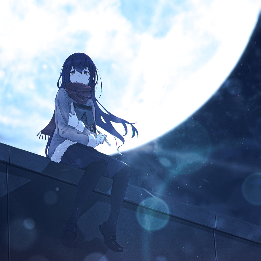 1girl, absurdres, black_hair, black_skirt, brown_eyes, brown_sweater, closed_mouth, full_moon, highres, holding, holding_notebook, loafers, long_hair, moon, night, night_sky, notebook, oka_kojiro, original, outdoors, pantyhose, red_scarf, scarf, shoes, sitting, skirt, sky, solo, sweater
