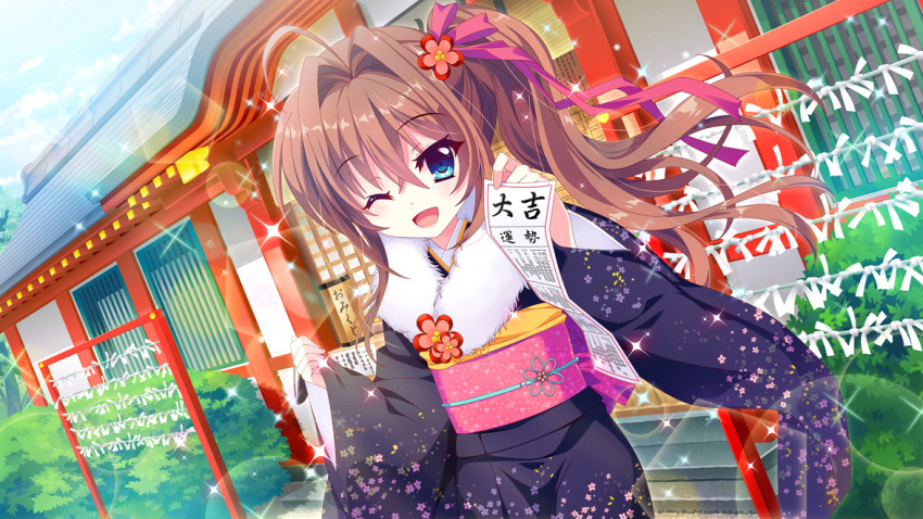 1girl, ahoge, architecture, blue_eyes, blue_kimono, blue_sky, brown_hair, building