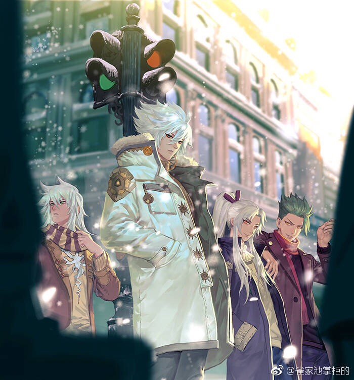 4boys, achilles_(fate), amakusa_shirou_(fate), black_jacket, black_shirt, blue_eyes, blue_pants, blurry, blurry_background, brown_jacket, building, collared_jacket, earrings, fate_(series), green_hair, grey_pants, hair_between_eyes, hair_ribbon, hand_in_pocket, hand_on_another's_shoulder, hand_up, iketsumi, jacket, jewelry, karna_(fate), looking_at_another, looking_at_viewer, makeup, multicolored_clothes, multicolored_scarf, multiple_boys, pants, pocket, red_ribbon, red_scarf, ribbon, scarf, shirt, siegfried_(fate), single_earring, snowing, sweater, traffic_light, white_hair, white_jacket, window, yellow_eyes, yellow_sweater