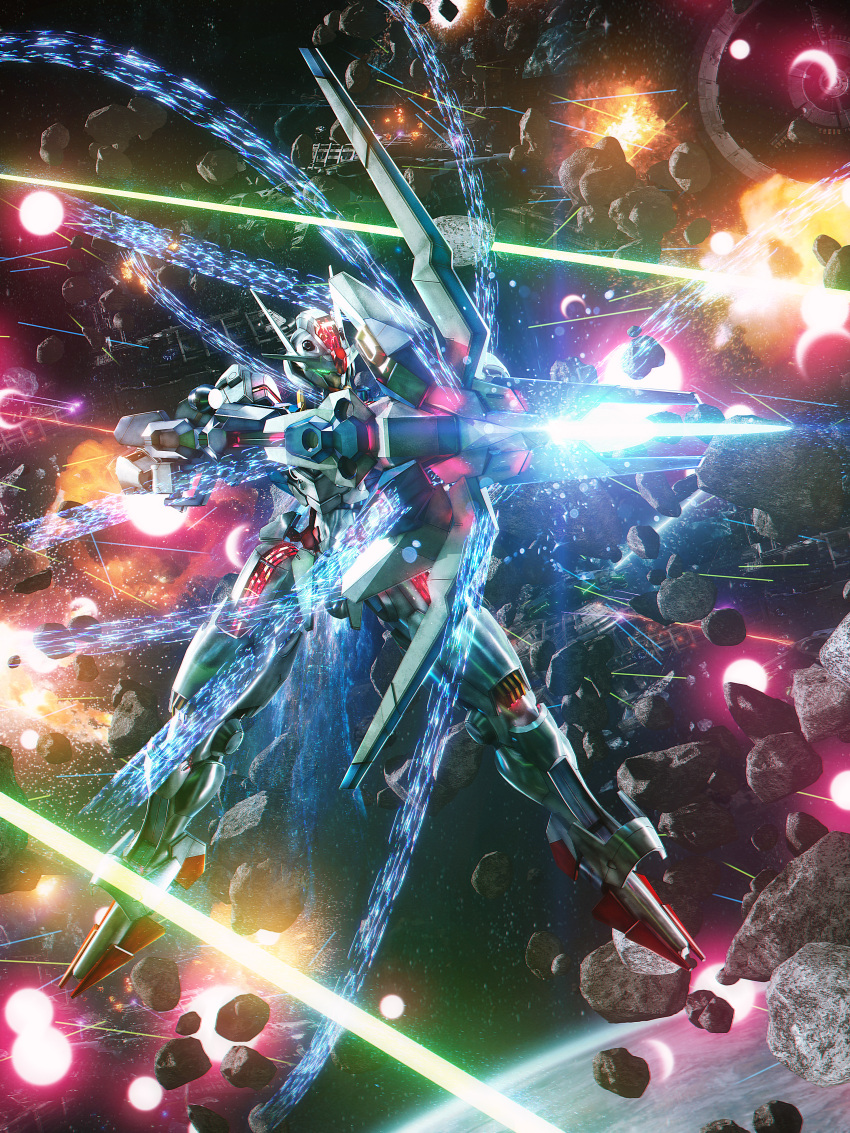 absurdres, aiming, asteroid, beam_rifle, commentary_request, earth_(planet), energy_gun, explosion