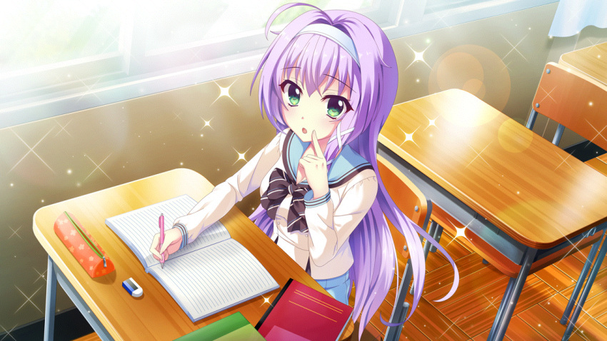 1girl, ahoge, blue_hairband, blue_sailor_collar, blue_skirt, breasts, chair, classroom