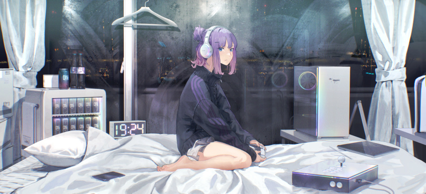1girl, barefoot, bed, bed_sheet, black_jacket, blue_eyes, bottle, can