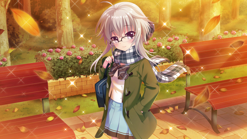 1girl, ahoge, autumn, autumn_leaves, bench, black_bow, blue_bag, blue_scarf