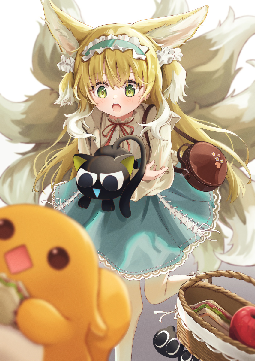 absurdres, animal_ear_fluff, animal_ears, apple, aqua_hairband, aqua_skirt, arknights, bag, basket, bidiu_(the_legend_of_luoxiaohei), black_cat, blonde_hair, blush, bobby_socks, brown_bag, brown_footwear, cardigan, cat, commentary_request, creature, crossover, film_grain, food, foot_out_of_frame, fox_ears, fox_girl, fox_tail, frilled_hairband, frills, fruit, green_eyes, hair_ornament, hair_scrunchie, hairband, handbag, heixiu, highres, holding, holding_food, kitsune, kyuubi, long_hair, long_sleeves, luo_xiaohei, luo_xiaohei_zhanji, multicolored_hair, multiple_tails, neck_ribbon, official_alternate_costume, open_cardigan, open_clothes, open_mouth, puffy_long_sleeves, puffy_sleeves, red_apple, red_ribbon, ribbon, riu_kawano, round_teeth, running, sandwich, scrunchie, shirt, shoes, shoulder_bag, skirt, sleeve_cuffs, socks, stitches, suzuran_(arknights), suzuran_(spring_praise)_(arknights), tail, teeth, two-tone_hair, upper_teeth_only, white_cardigan, white_hair, white_shirt, white_socks