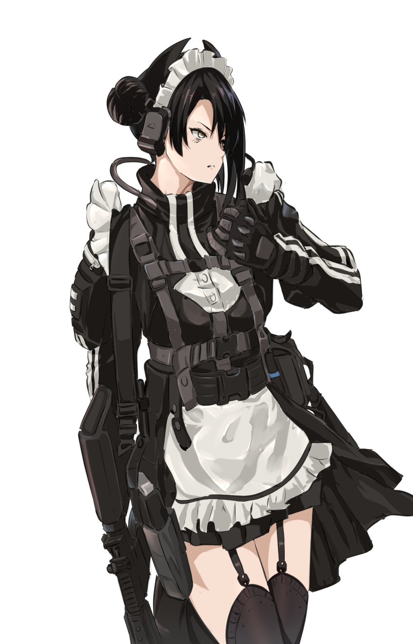 1girl, agent_(girls'_frontline), alternate_costume, apron, assault_rifle, black_thighhighs, exoskeleton, frilled_sleeves
